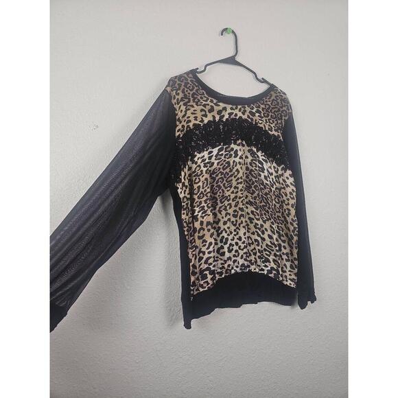 Maurices Brown Black Sheer Sleeve Lace Detail Leopard Crew Blouse Size 2 - Picture 2 of 7